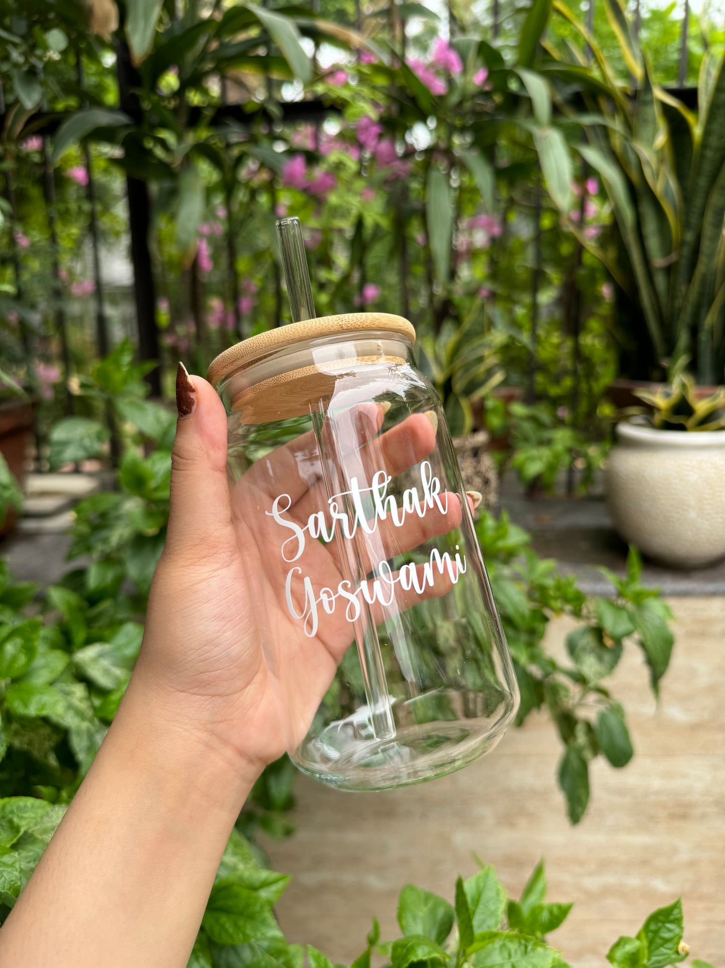 Personalised Glass Can with Wooden Lid