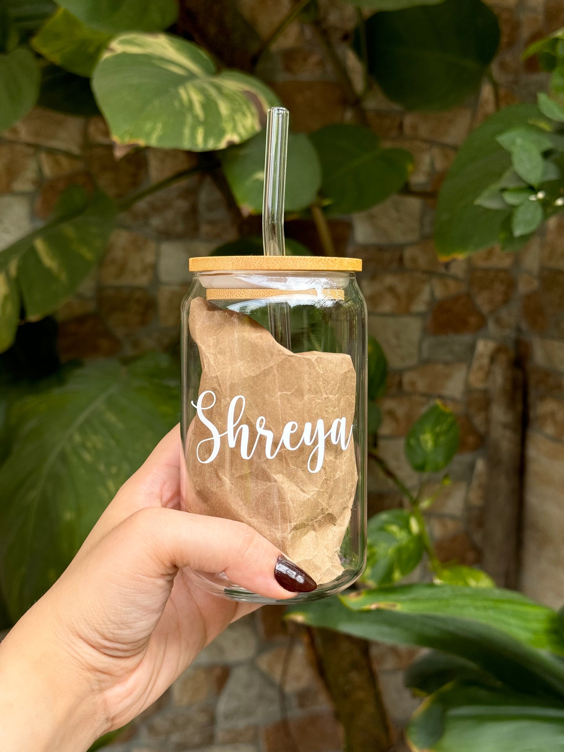 Personalised Glass Can with Wooden Lid